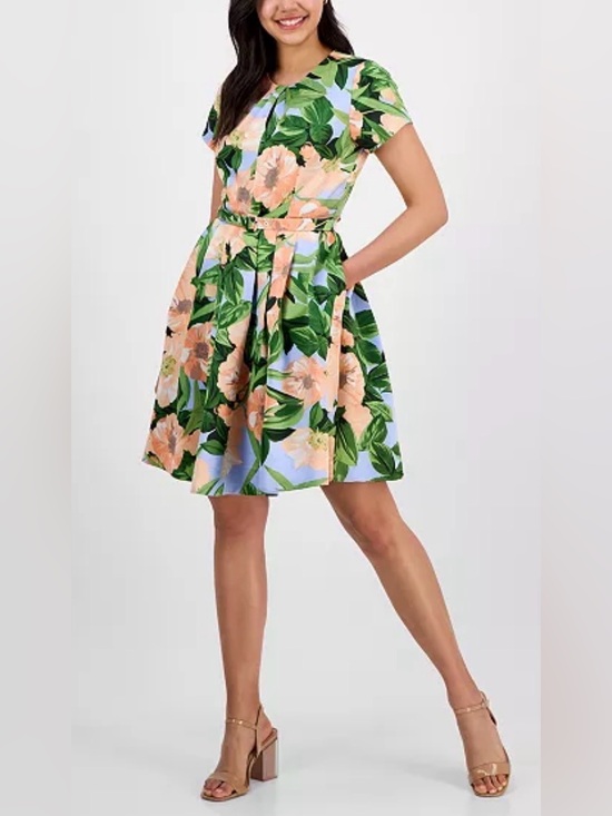 Tahari ASL Dresses & Skirts - NWT TAHARI ASL Peach Floral Fit-and-Flare Dress with Blue Base